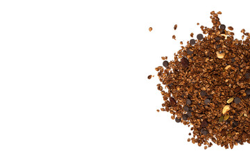 Chocolate granola cereal with nuts in a wooden spoon.