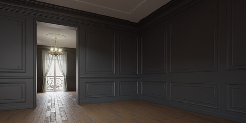 Rendu 3D d'un intérieure de type haussmannien avec mur gris anthracite - obrazy, fototapety, plakaty