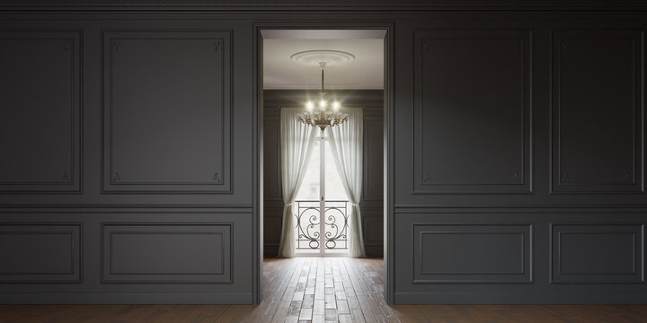 Rendu 3D d'un int&eacute;rieure de type haussmannien avec mur gris anthracite
