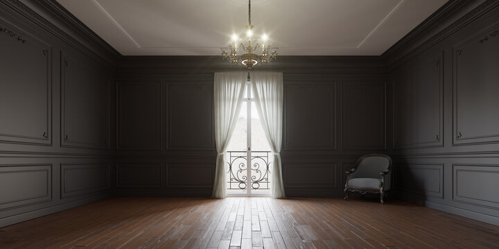 Rendu 3D d'un int&eacute;rieure de type haussmannien avec mur gris anthracite