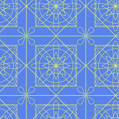 Seamless vector pattern. Yellow pattern in Mediterranean style, on a blue background.