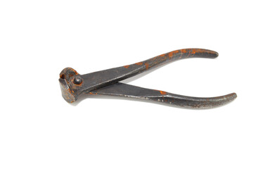 Rusty steel pliers on a white background close-up. Tools, wire cutters 