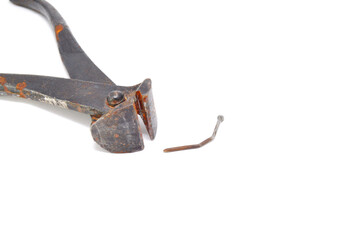 Rusty steel pliers on a white background close-up. Tools, wire cutters 
