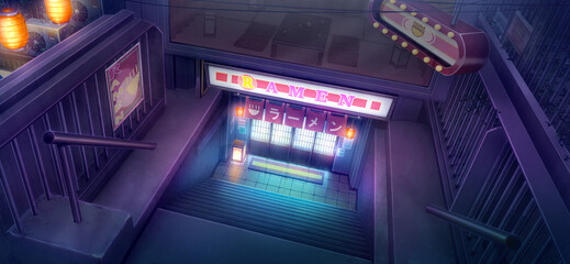 Ramen underground - Midnight, 2D Anime background, Illustration.	
