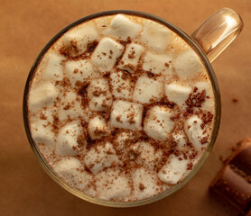 a cup of hot drink, with marshmallows, chocolate and cinnamon. 