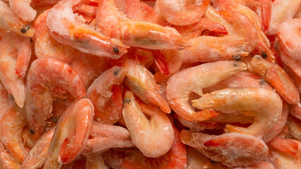 Fresh shrimps in ice. Top view.
