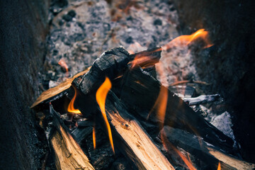 Obraz premium fire in fireplace close up. firewood burning in the mangel