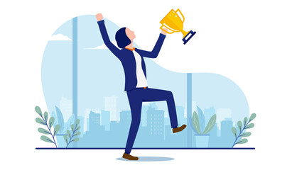 Businesswoman winning - Female person with trophy cheering and being happy after reaching success. Successful and rewarded concept. Vector illustration on white background.