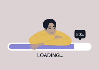 Young male Asian character leaning on a progress bar, file uploading concept