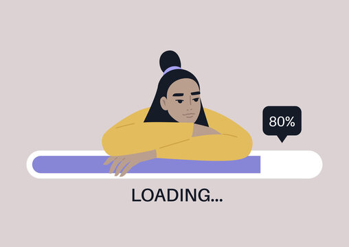 Young female Asian character leaning on a progress bar, file uploading concept
