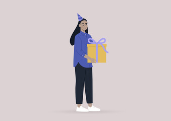 A young female Asian character carrying a gift box with a big bow, a party event