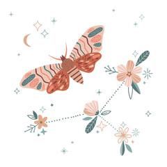 Whimsical moon moth Celestial floral zodiac constellation vector illustration. Magical luna butterfly bloomy starry space decorative graphics print. Spiritual Boho folk art vibes design