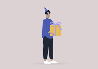 A young male Asian character carrying a gift box with a big bow, a party event