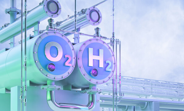 Green Hydrogen, future energy h2 fuel 3D illustration. Green hydrogen production by electrolysis technology, renewable electricity, alternative eco way of getting hydrogen H2, cut industry emissions