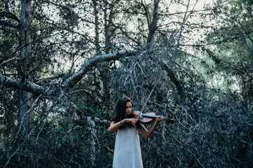 
brunette woman from behind with a violin