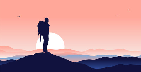 Backpacker on mountaintop - Male hiker watching the sunset and view over horizon from top of hill. Vector landscape illustration with silhouette.