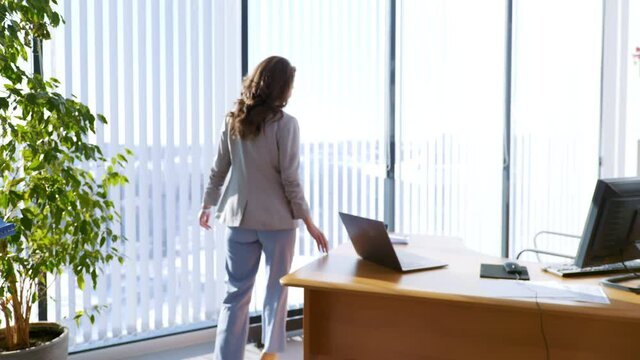 Portrait Of Young Beautiful Female Office Worker Walking Around Her Desk And Sitting On Chair. Scene Of Office Exchange Of Documents And Small Conversation Between Colleagues.