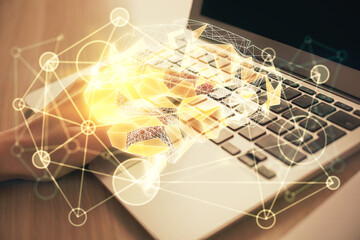 Multi exposure of woman hands working on computer and brain hologram drawing. Ai concept.