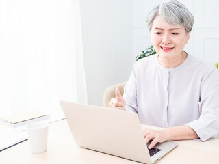 Senior asian woman using wireless laptop apps browsing internet.