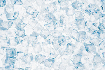 Ice cubes blue background. Heap of ice cubes on white background.