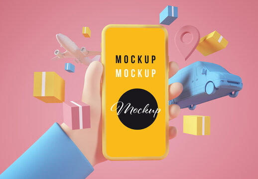Cartoon Hands with Smartphone with Logistics and Delivery Concepts on Pink Background Mockup