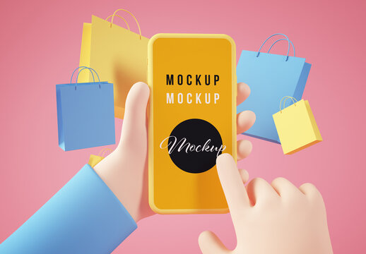 Cartoon Hands with Smartphone with Shopping Bags on Pink Background Mockup