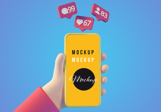 Isolated Cartoon Hand Holding a Smartphone and Showing Social Media Notifications Mockup