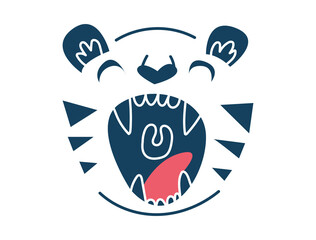Tiger s wrath. The open mouth growls. Vector illustration of a tiger head. New year 2022 symbol blue. Flat illustration. Actual style and color. Logo icon