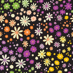 Fototapeta na wymiar Flower field on dark seamless vector pattern. Repeating dense liberty doodle flower meadow background. Scandinavian style line art florals. For fabric, wallpaper, texture