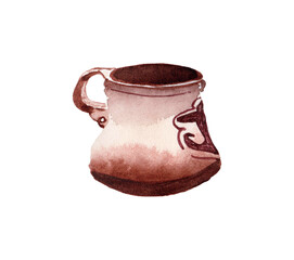 watercolor clay cup or jug isolated on white 
