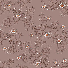 Floral blossom seamless pattern. Trendy colorful vector texture. Blooming botanical elements. Hand drawn small flowers on beige background.