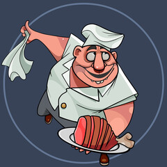cartoon chef masterly serves a dish of meat