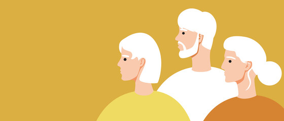 Old people, copy space template, flat vector stock illustration with gray-haired men and women pensioners and old age