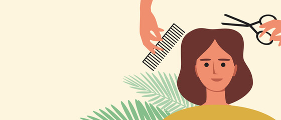 Pretty woman at hairdresser, Flat vector stock illustration as Haircut concept and Template with copy space for design