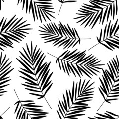 Naklejka premium Seamless pattern hand drawn tropical plants, leaf, leaves. In doodle style, black outline isolated on a white background. Design element for card, poster, social media banner, digital paper. Vector.