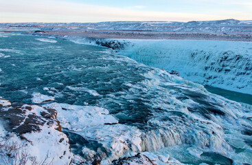 The beautiful Waterfall Gullfoss in Winter, Golden Circle, Iceland, Europe