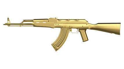 Gold AK-47 assault rifle isolated on white background. Classic Soviet AK machine gun. Gold weapon