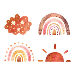 Abstract kids watercolor raindow set, clipart with boho rainbows. Nursery art illustration in trendy scandinavian style.