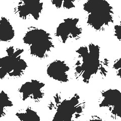 Vector seamless pattern with rough ink scattered spots on white background. Stains decorative texture. Monochrome illustration, textile design