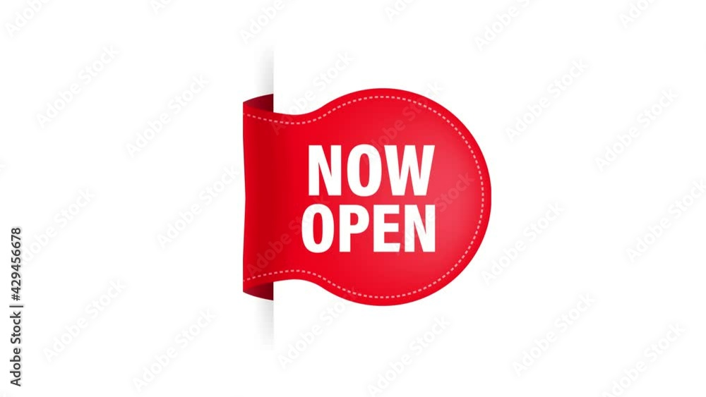 Poster now open red banner. label with text in flat style. motion graphics.
