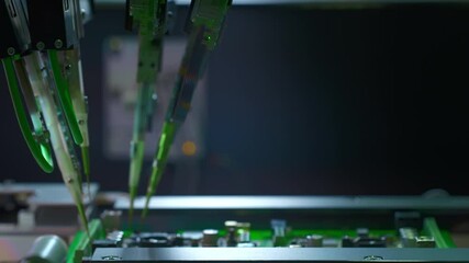Chip production. Installation of transistors and components. Diagnostics of electrical contacts. Automatic machine for creating digital electronic boards. Needles injected Electronic circuit - Powered by Adobe