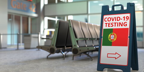 COVID-19 testing text and flag of Portugal on a sandwich board sign in the airport terminal, 3D rendering