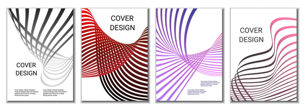 A set of 4 abstract covers. Wavy parallel gradient lines, ribbons evolve. Cover design, background. Trendy banner, poster.