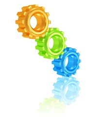 Getriebe mit drei verschiedenfarbigen Zahnr&auml;dern