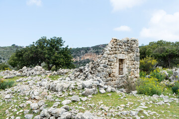 Fototapeta na wymiar Bjerrine village, old abandoned town with stone houses in ruin, , Lebanon