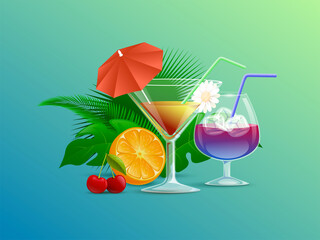 Colorful summer cocktails decorated with straws, flowers, and cocktail umbrellas vector cartoon illustration. Green tropical leaves, orange, and cherries. Fresh cold alcohol beverages concept.