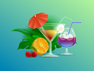 Colorful summer cocktails decorated with straws, flowers, and cocktail umbrellas vector cartoon illustration. Green tropical leaves, orange, and cherries. Fresh cold alcohol beverages concept.