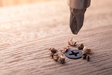 Screwdriver screw in a wood oaks plank. Self-tapping screw for PH2 bit. Screws macro photo. Construction abstraction. Industrial background.