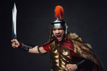 Offensive roman warrior with pelt and sword