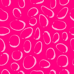 Vector seamless pattern with abstract stains, stones on bright pink background. Hand drawn sloppy ovals